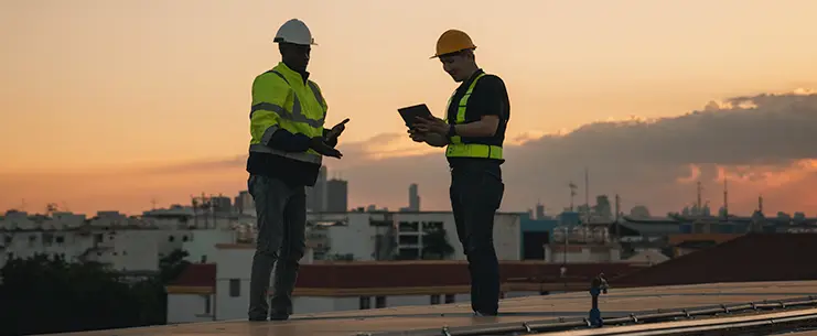 Two men standing on a roof doing a roofing inspection.